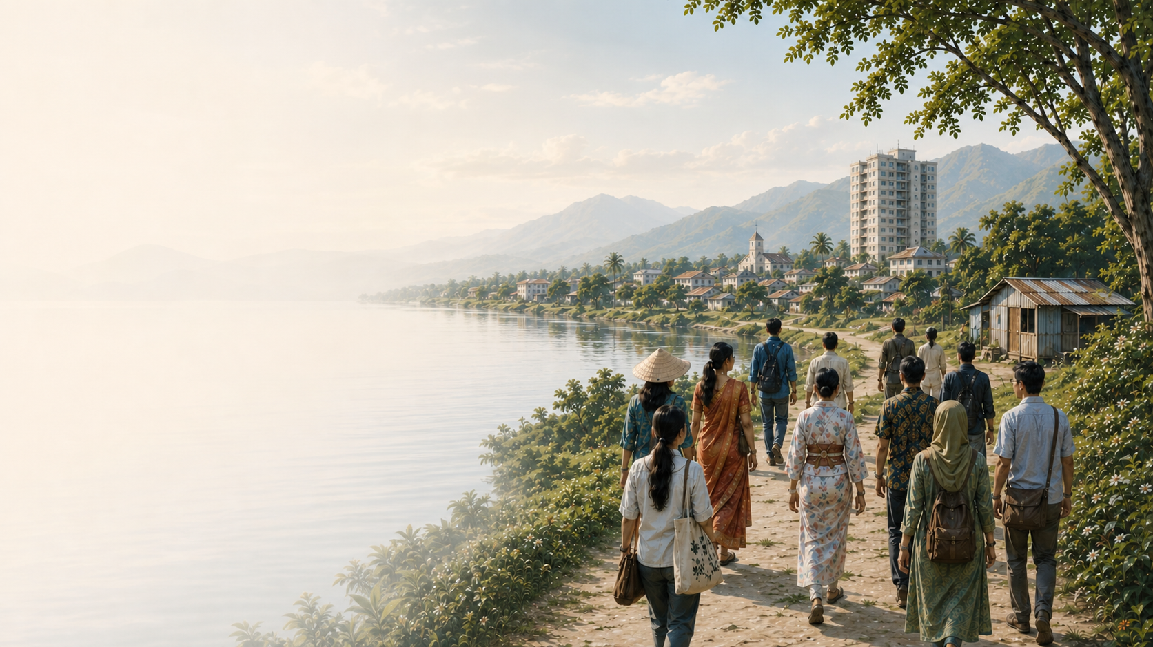 People walking together along a lakeside path