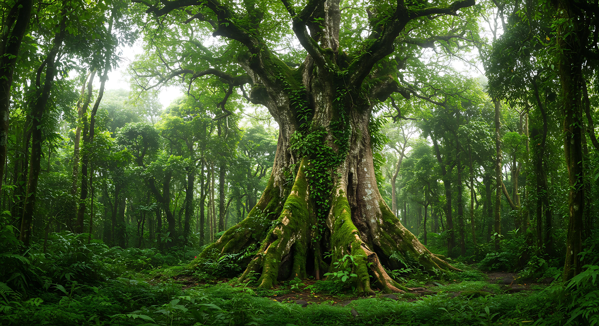 A tree with deep roots in a green forest